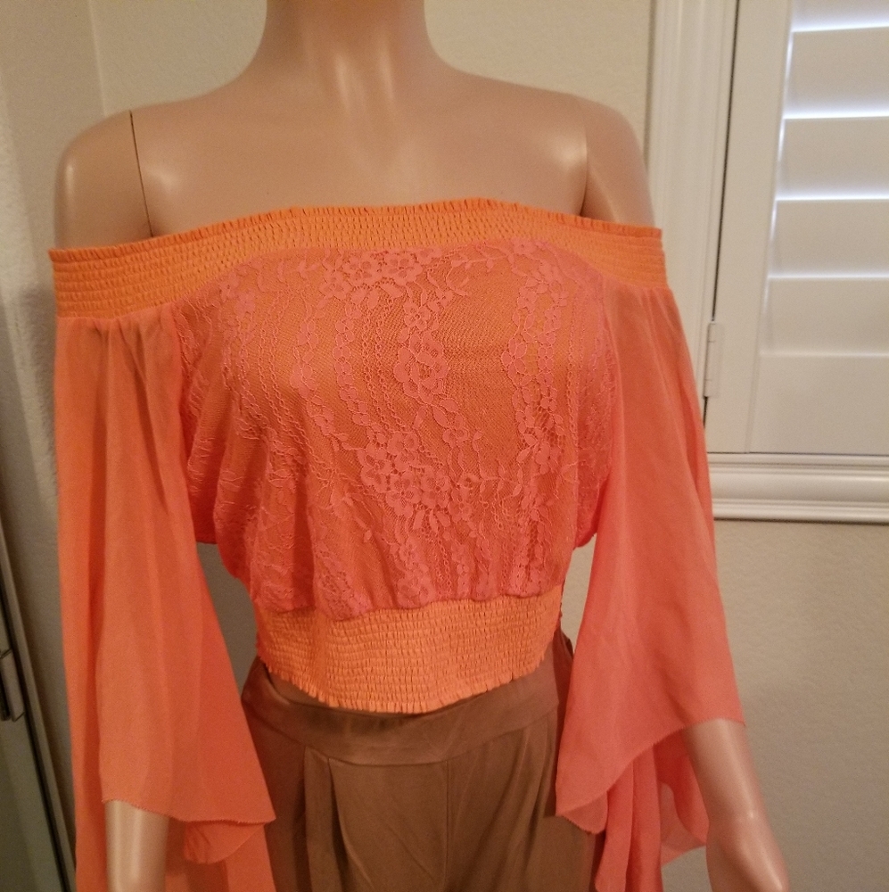 Bebe embroidered off shoulder coral top